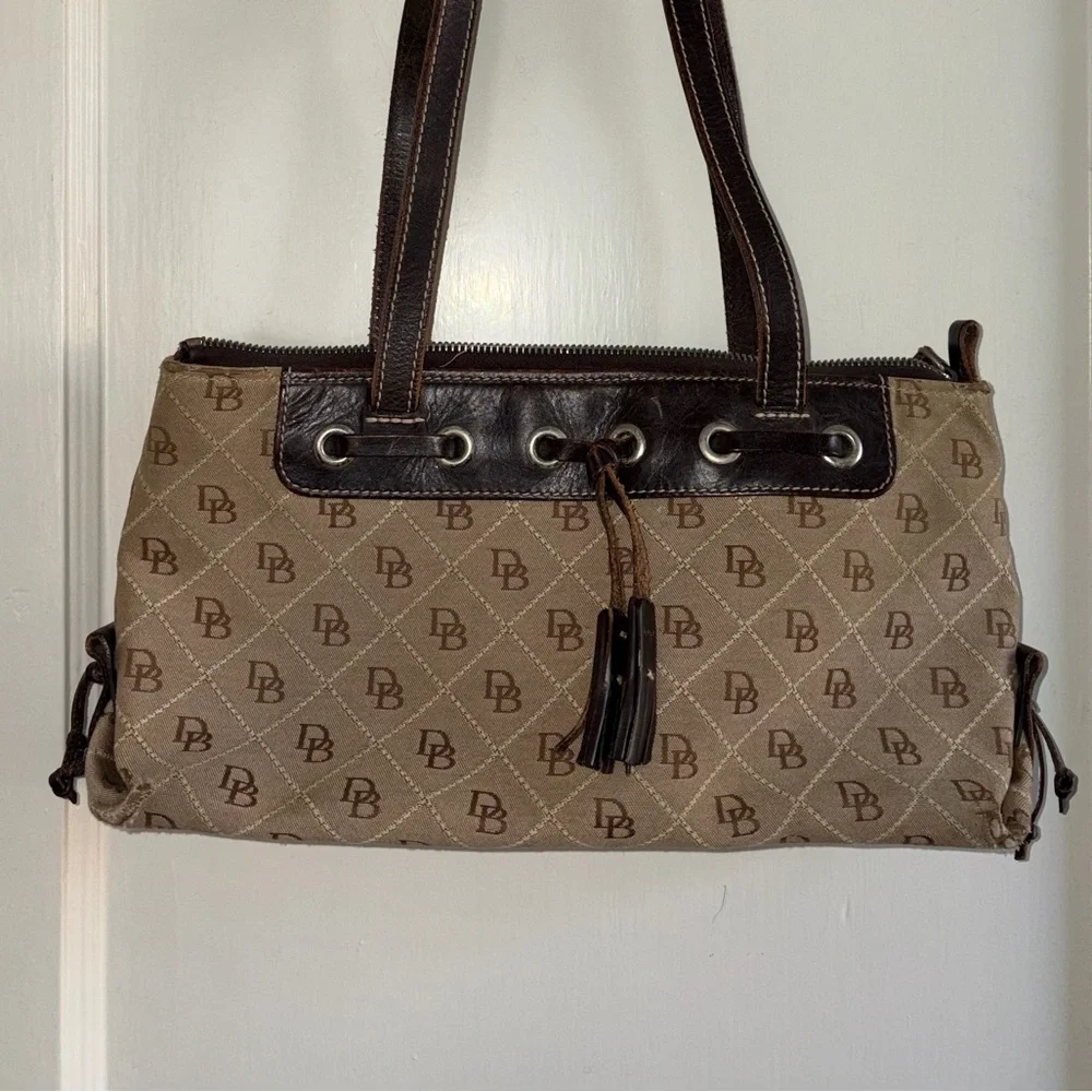 Dooney & Bourke Brown Signature Jacquard Canvas Black Tassel Shoulder Bag